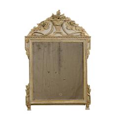 Antique French 19th Century Painted and Giltwood Mirror with Floral Carved Crest