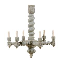 French Six-Light Painted Wood with Barley Twist Central Column Chandelier