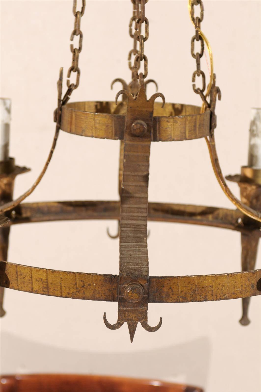 20th Century Pair of French Gilt-Metal Ring Chandeliers w/Torch Lights & Fleur-de-Lys Accents