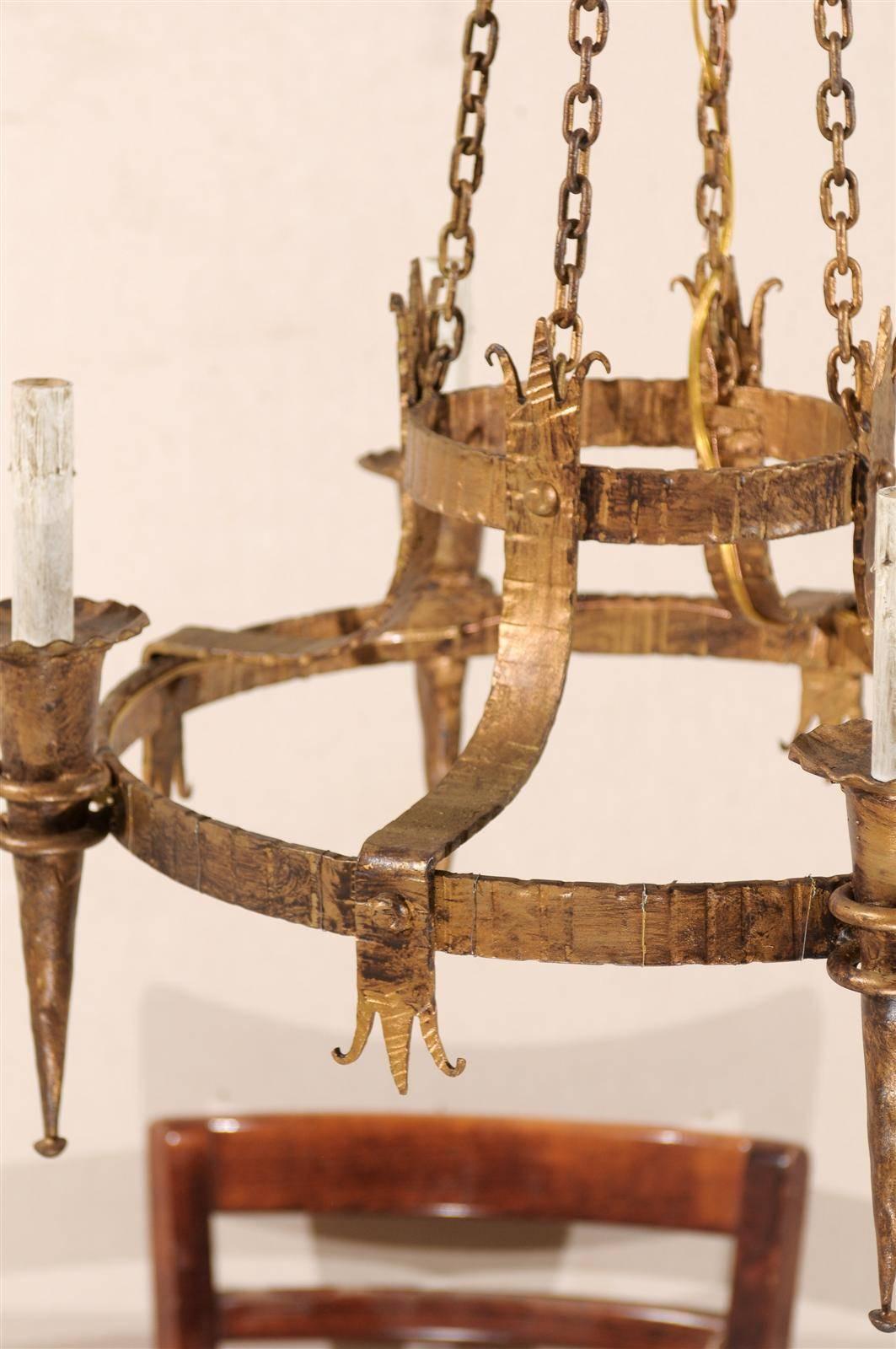 Medieval Pair of French Gilt-Metal Ring Chandeliers w/Torch Lights & Fleur-de-Lys Accents