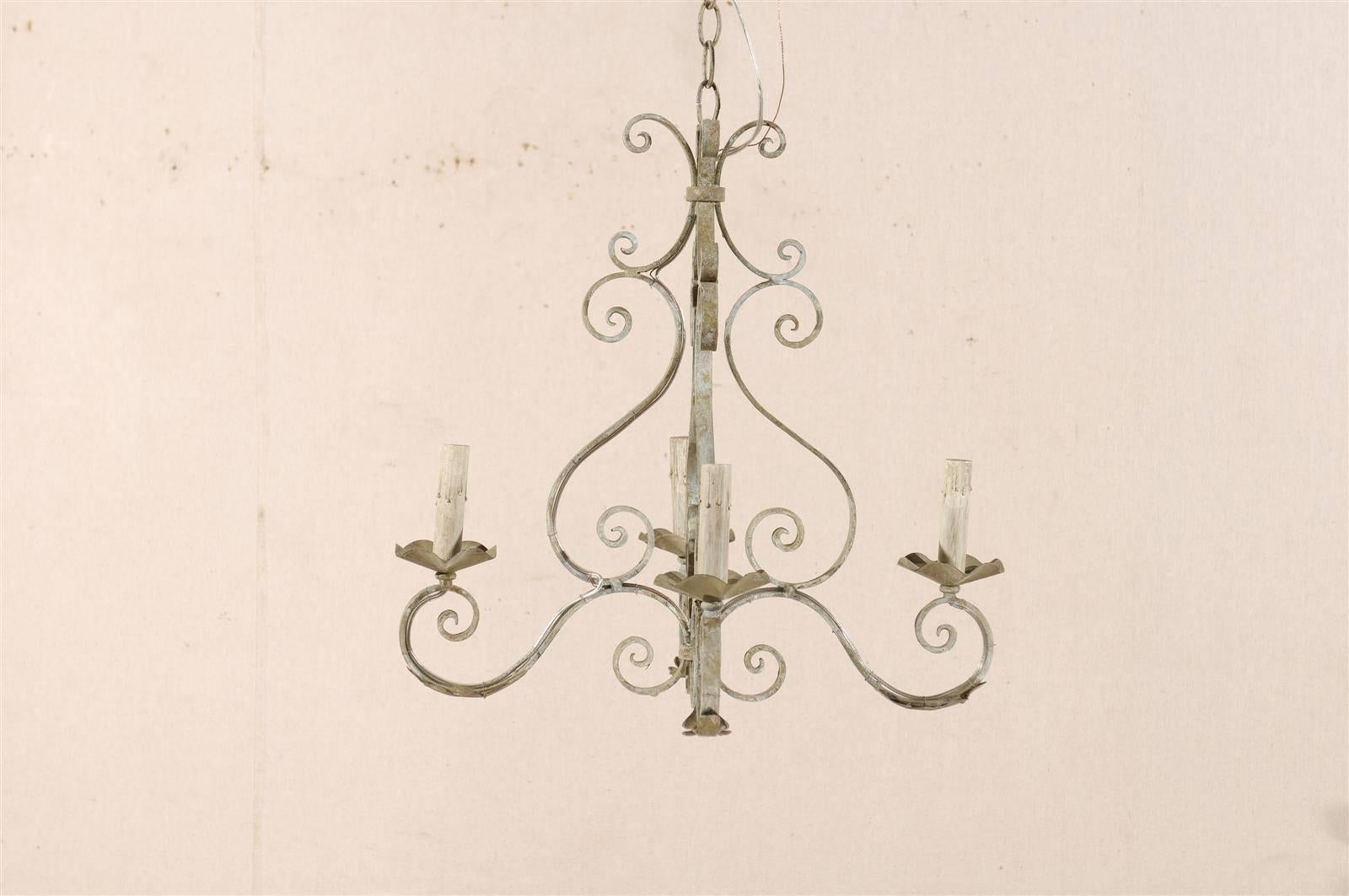 20th Century French Four-Light Painted Iron Chandelier with Scroll Motifs For Sale