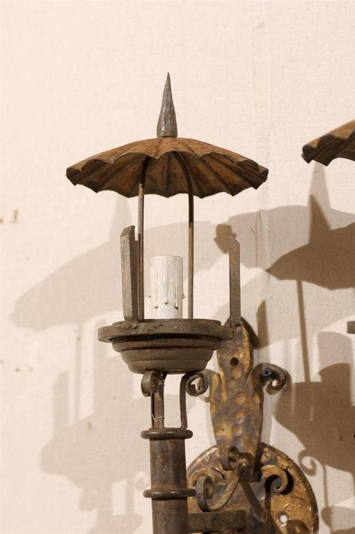 Pair of French Vintage Iron Sconces with Parasol like Top at 1stDibs