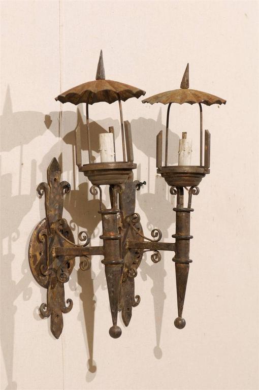 Pair of French Vintage Iron Sconces with Parasol like Top at 1stDibs