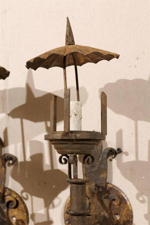 Pair of French Vintage Iron Sconces with Parasol like Top at 1stDibs