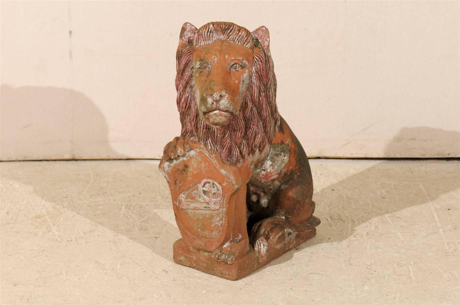 Indian British Colonial Terracotta Lion with Shield of Medium Size with Beautiful Aging
