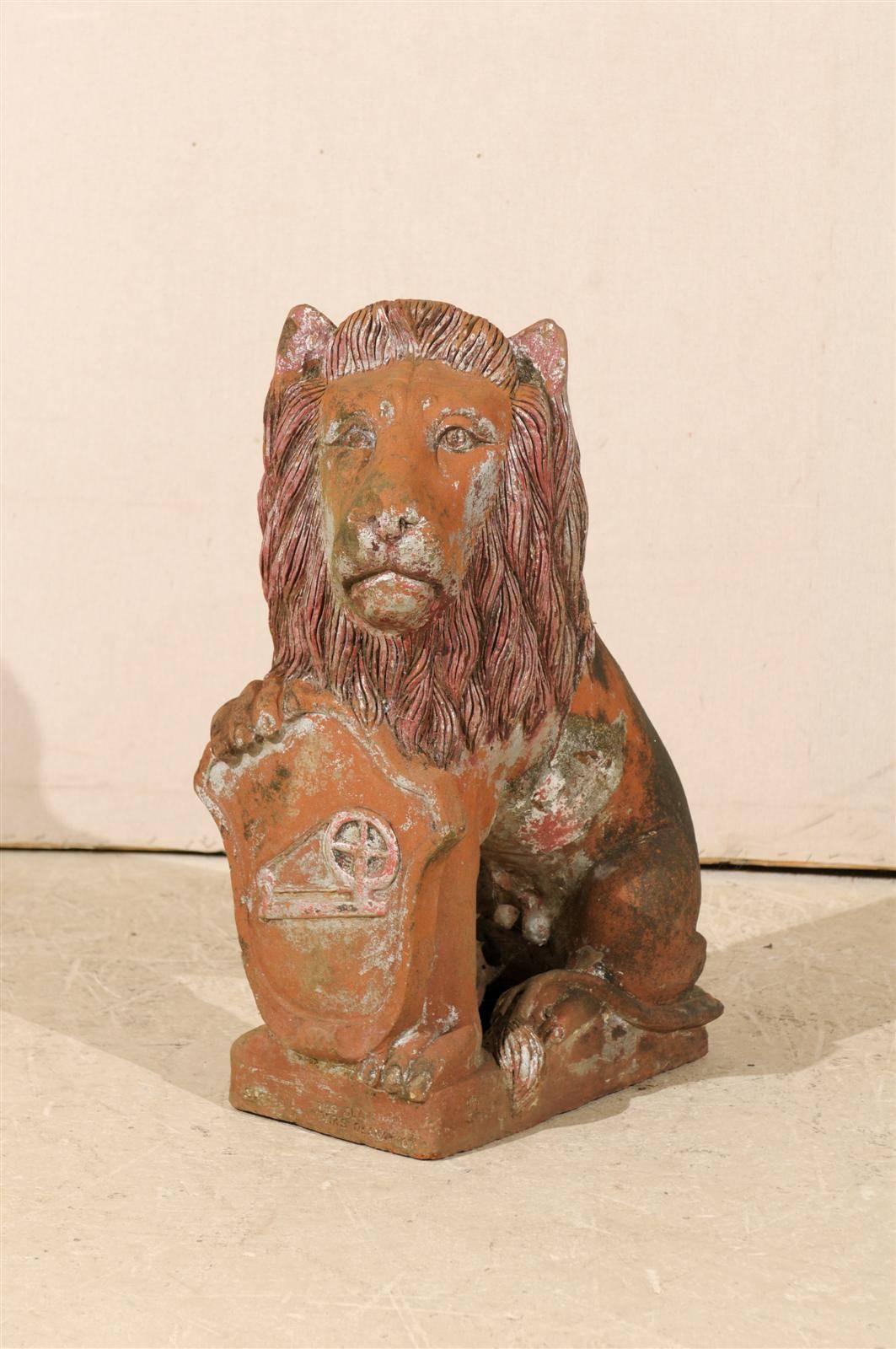 British Colonial Terracotta Lion with Shield of Medium Size with Beautiful Aging 1