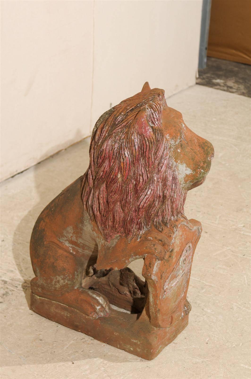 British Colonial Terracotta Lion with Shield of Medium Size with Beautiful Aging 3