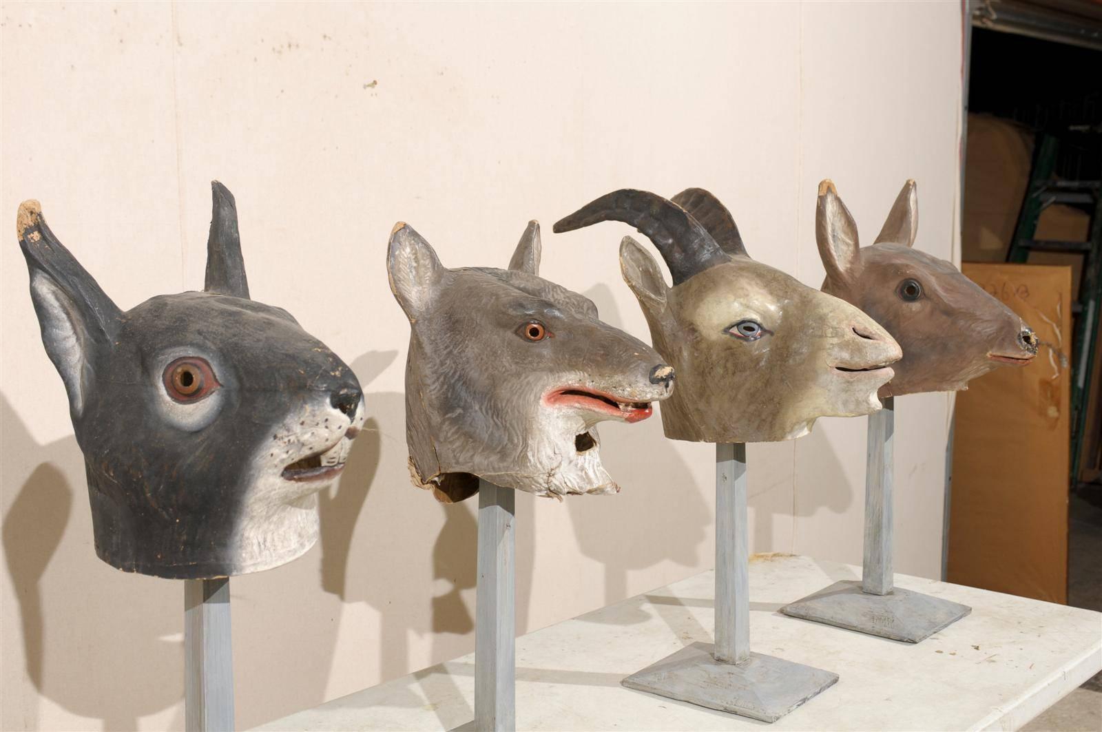 20th Century Collection of European Folk Art Animal Masks on Custom Stands