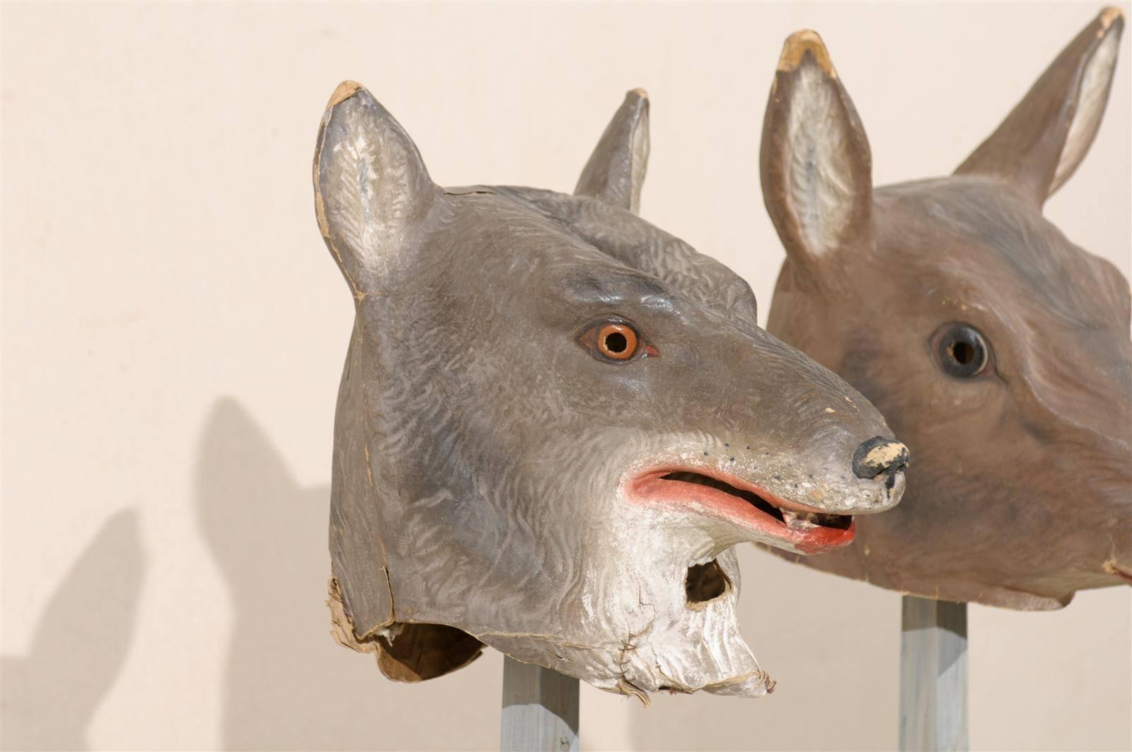 Collection of European Folk Art Animal Masks on Custom Stands In Good Condition In Atlanta, GA