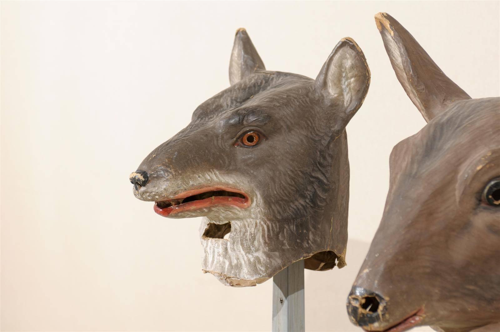 Metal Collection of European Folk Art Animal Masks on Custom Stands