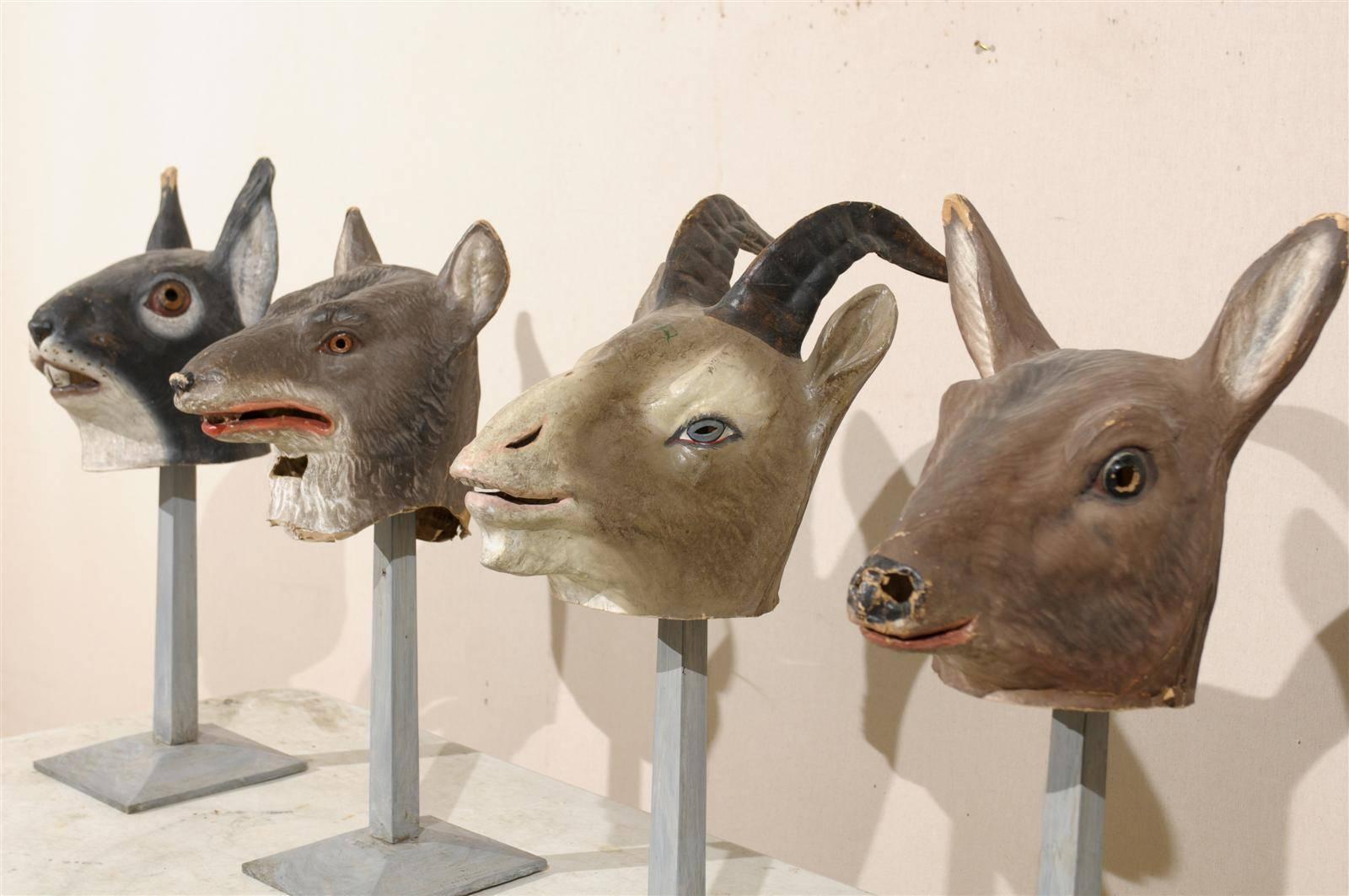 Collection of European Folk Art Animal Masks on Custom Stands 5
