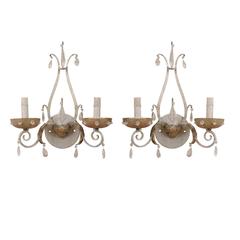 A Pair of Lovely Painted Metal Two-Light Sconces with Crystal Accents