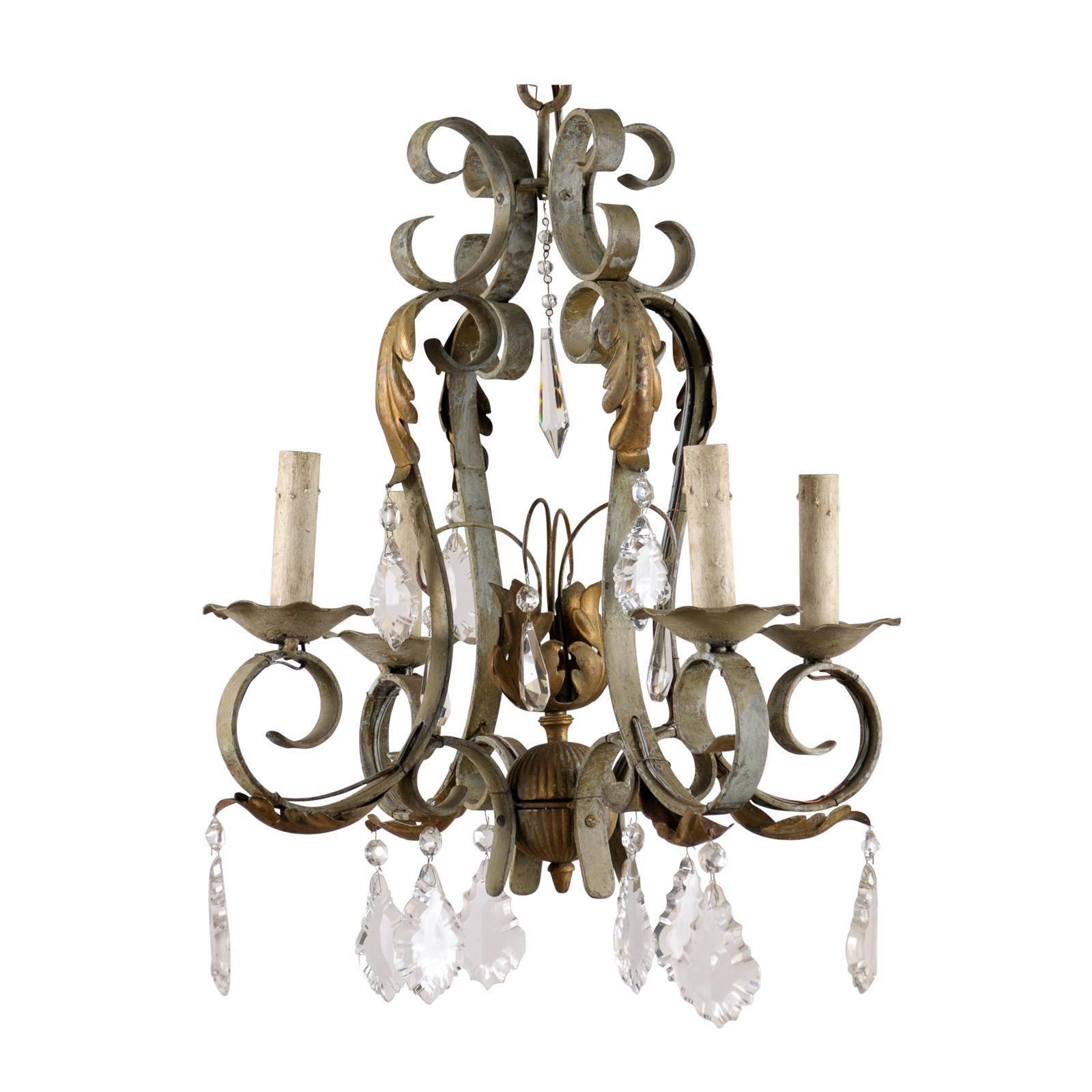 French Vintage Crystal and Iron Four-Light Chandelier