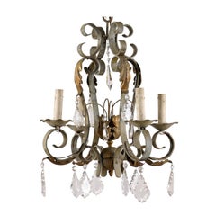 French Vintage Crystal and Iron Four-Light Chandelier