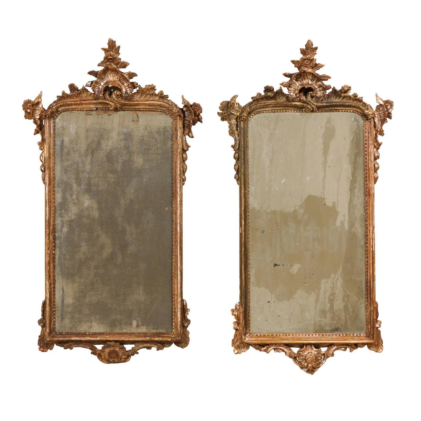 Pair of 18th Century Italian Mirrors in Rococo Style with Nicely Aged Gold Color