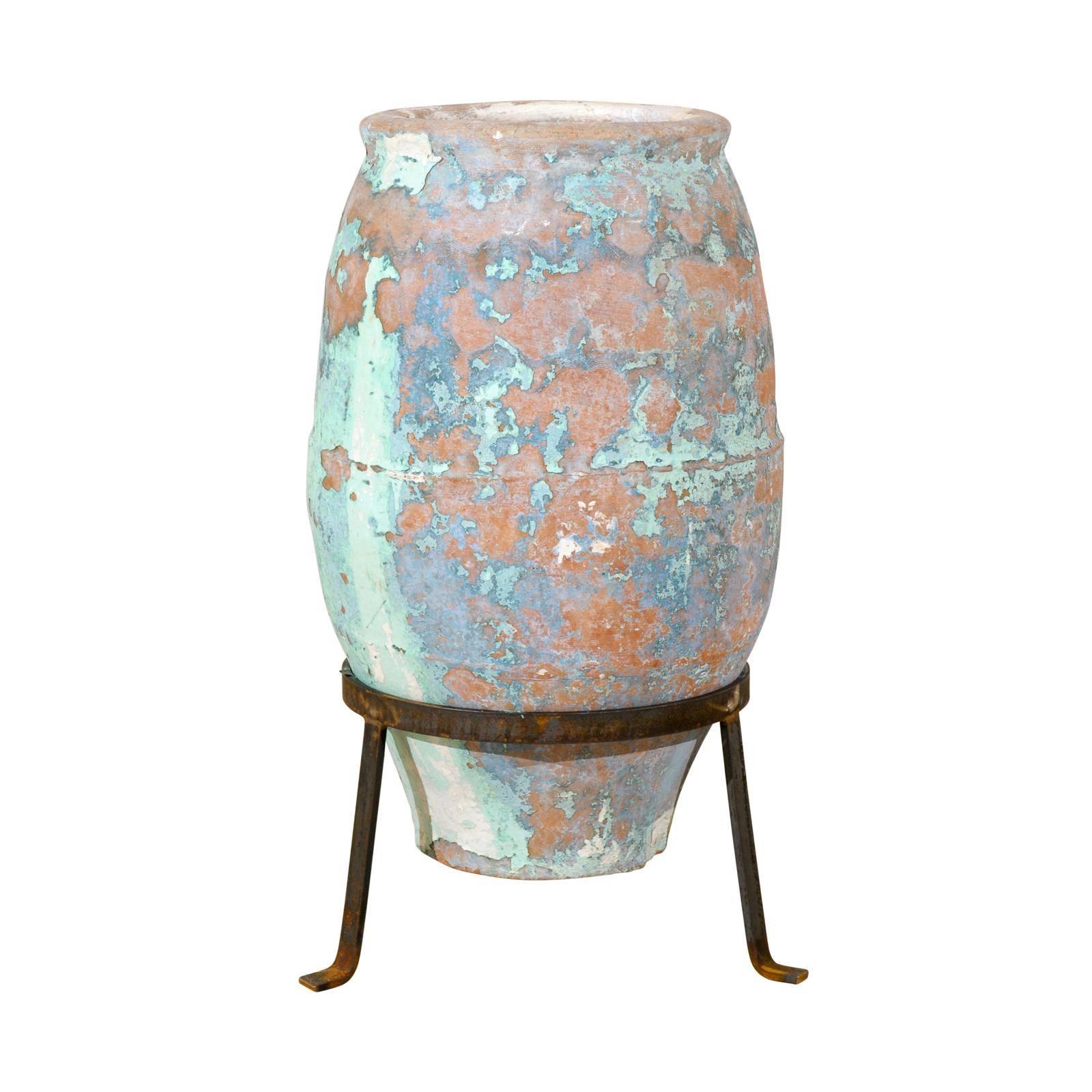 Aged Spanish Terracotta Olive Jar from the Mid-19th C. with Traces of Blue Paint For Sale