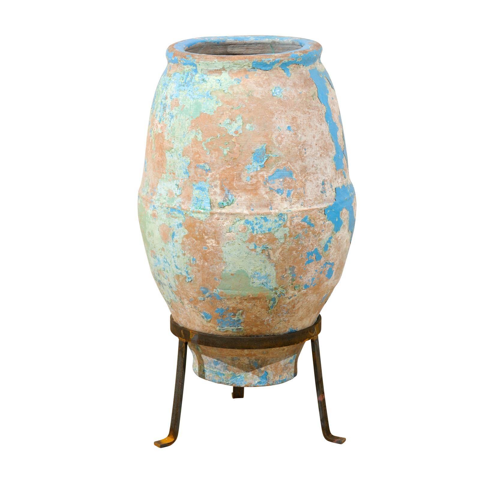 Spanish, Mid-19th C. Terracotta Olive Jar with Remains of Blue / Turquoise Paint