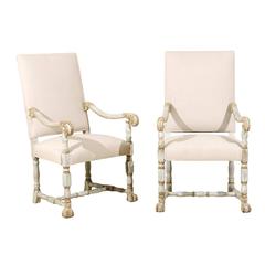 A Pair of French Louis XIV Style Armchairs / Fauteuils, Light Grey Painted Wood