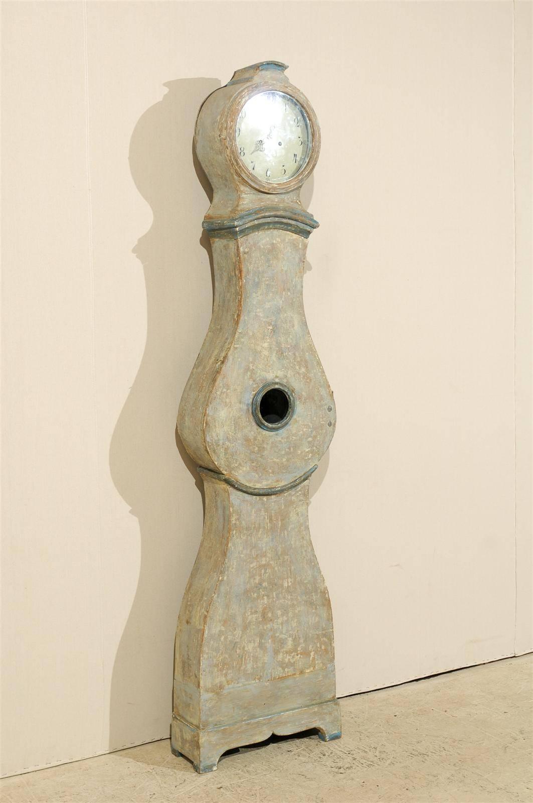 Painted Swedish 19th Century Mora Clock with Carved Crest and Scalloped Base