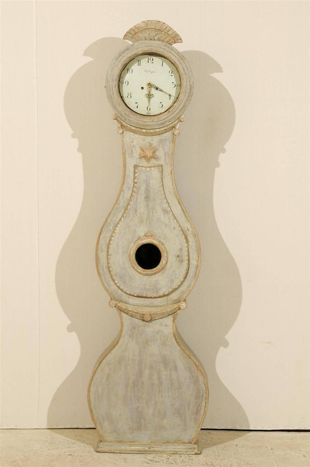 Gustavian A 19th Century Swedish Fryksdahl Floor Clock with Carved Crest and Star Motif