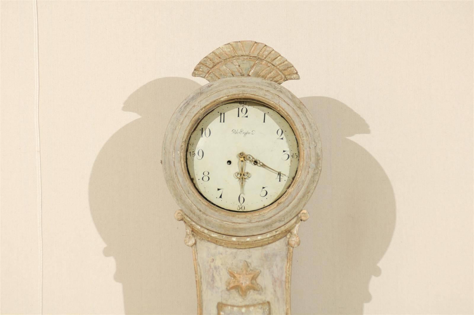 A 19th Century Swedish Fryksdahl Floor Clock with Carved Crest and Star Motif 1