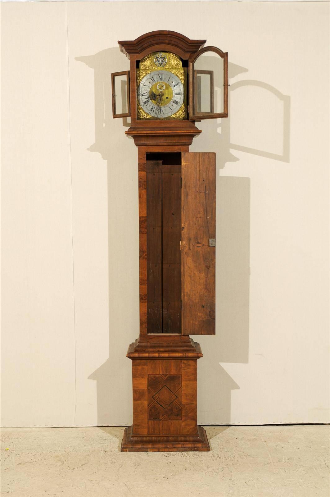 Pewter Swedish 19th Century Wooden Clock with Bonnet Crest