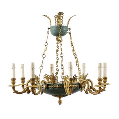 Vintage Swedish Empire Style Eight-Light Chandelier of Brass and Iron with Teal Accents