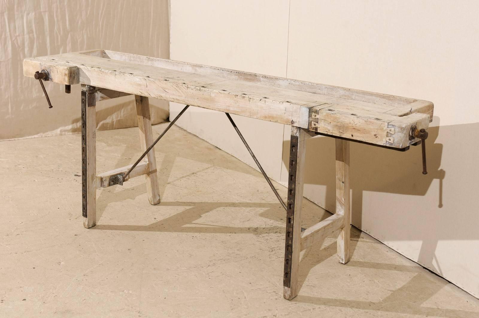 Wood Swedish 19th Century Shop Bench Table with Adjustable Side Clamps