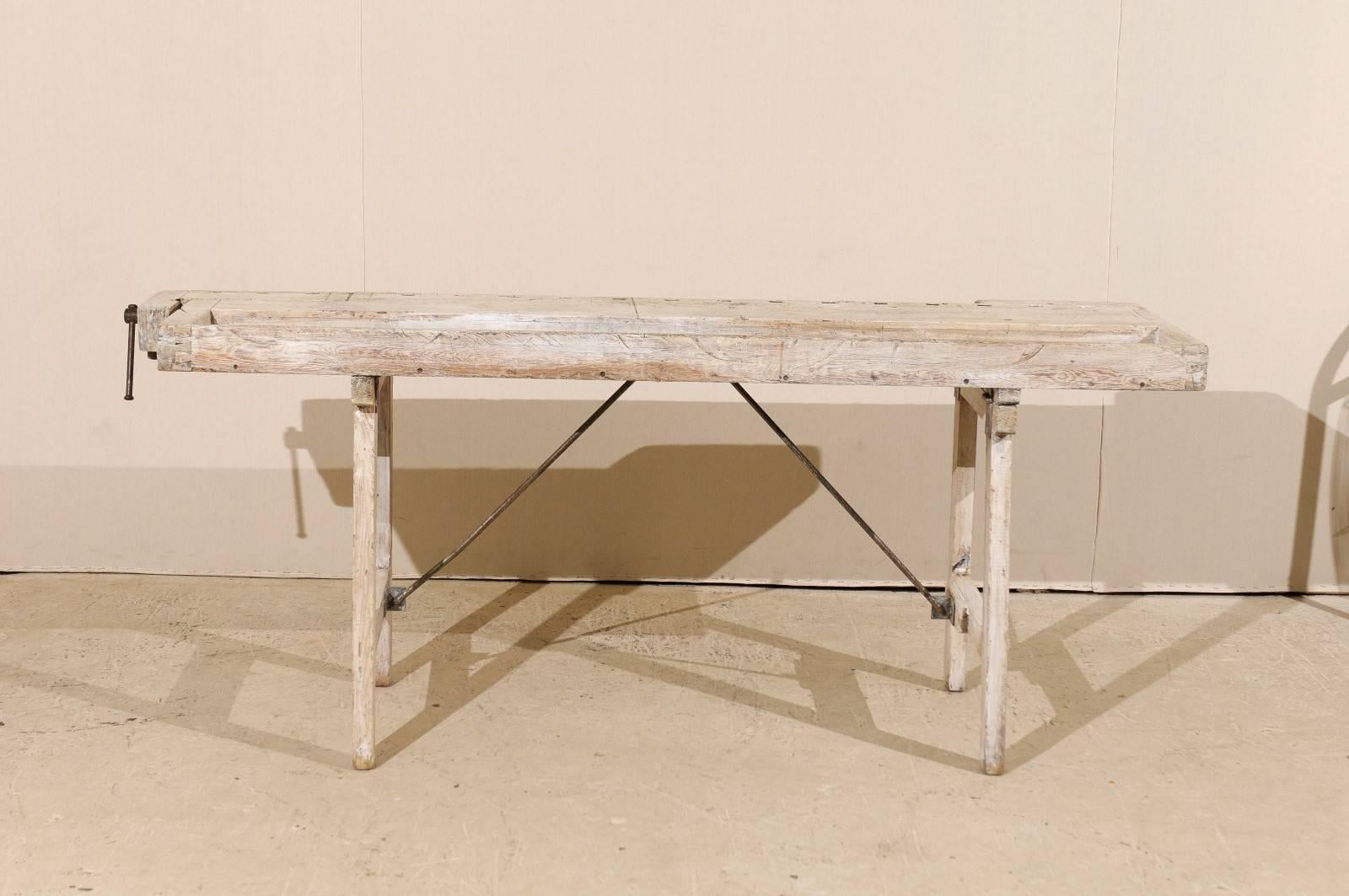 Painted Swedish 19th Century Shop Bench Table with Adjustable Side Clamps