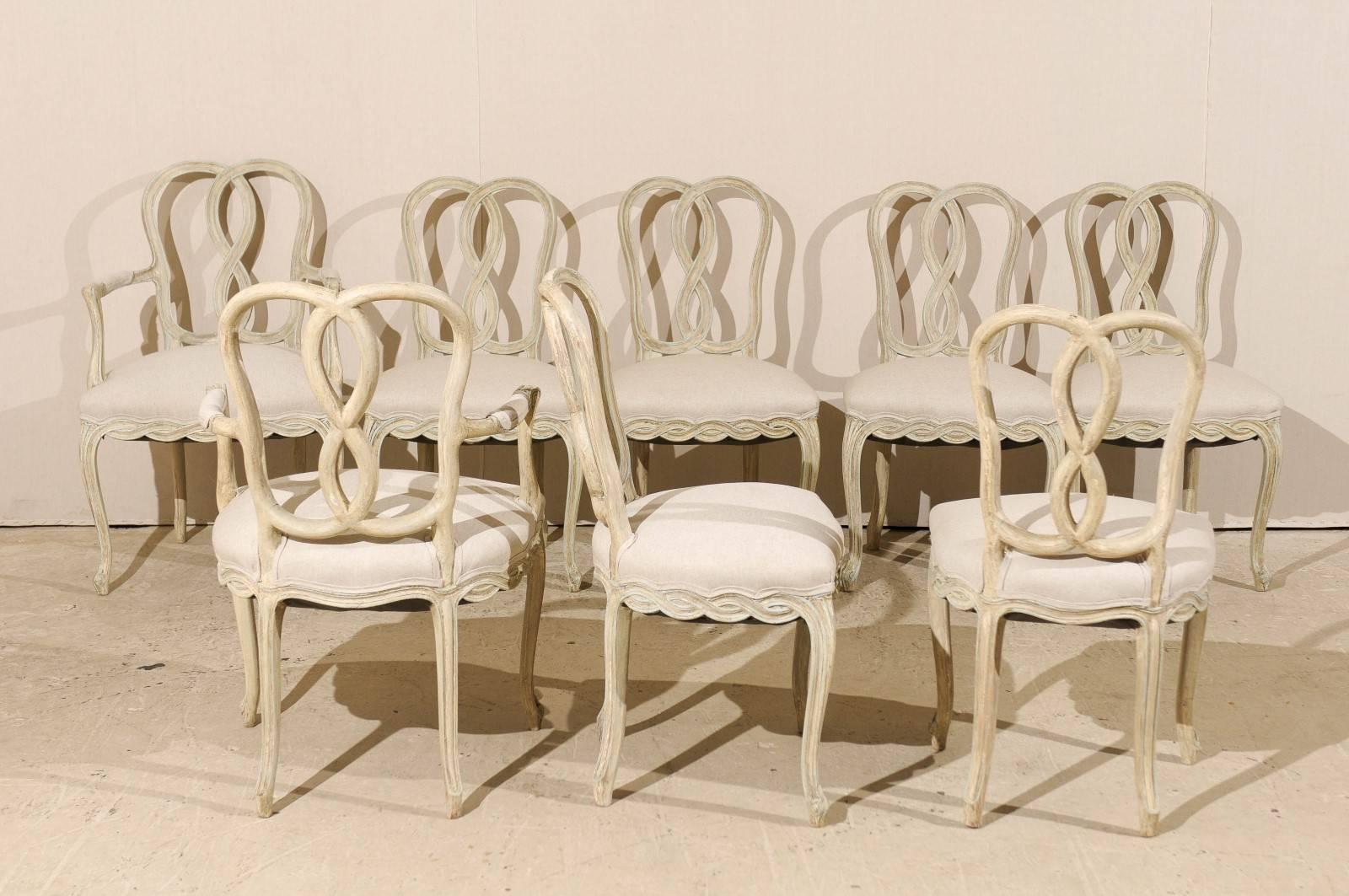20th Century Set of Eight Italian Venetian Style Painted Wood Chairs with Ribbon Motifs