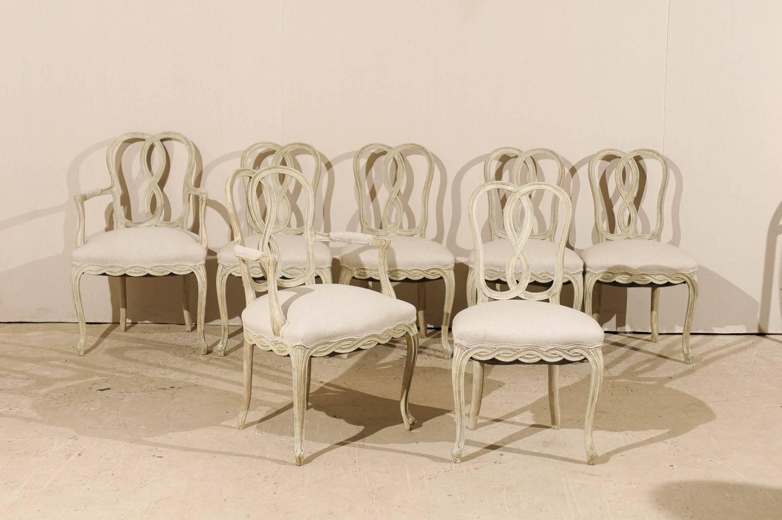 Carved Set of Eight Italian Venetian Style Painted Wood Chairs with Ribbon Motifs