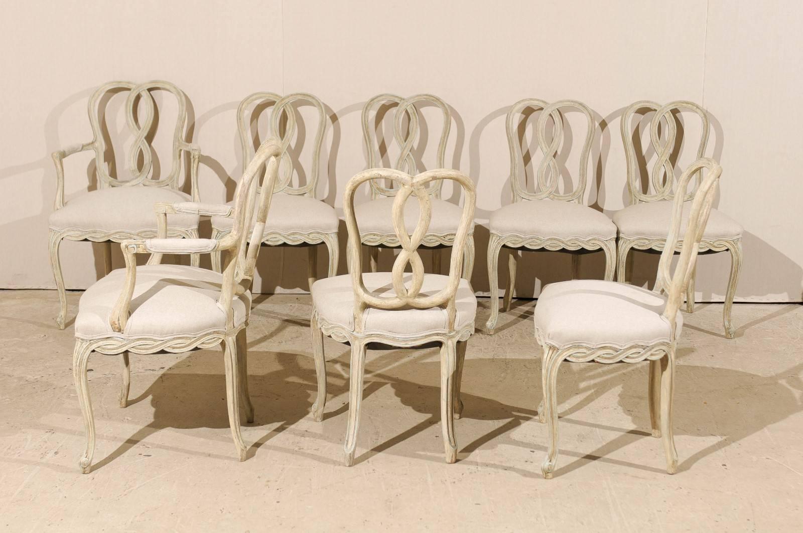 Linen Set of Eight Italian Venetian Style Painted Wood Chairs with Ribbon Motifs