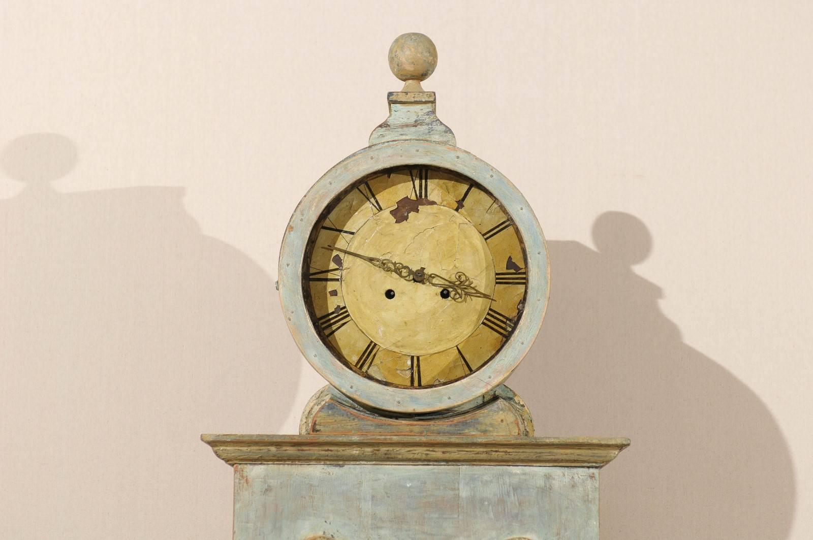 Wood Swedish Clock with Lyre Shaped Motif, Nicely Aged Face and Round Finial