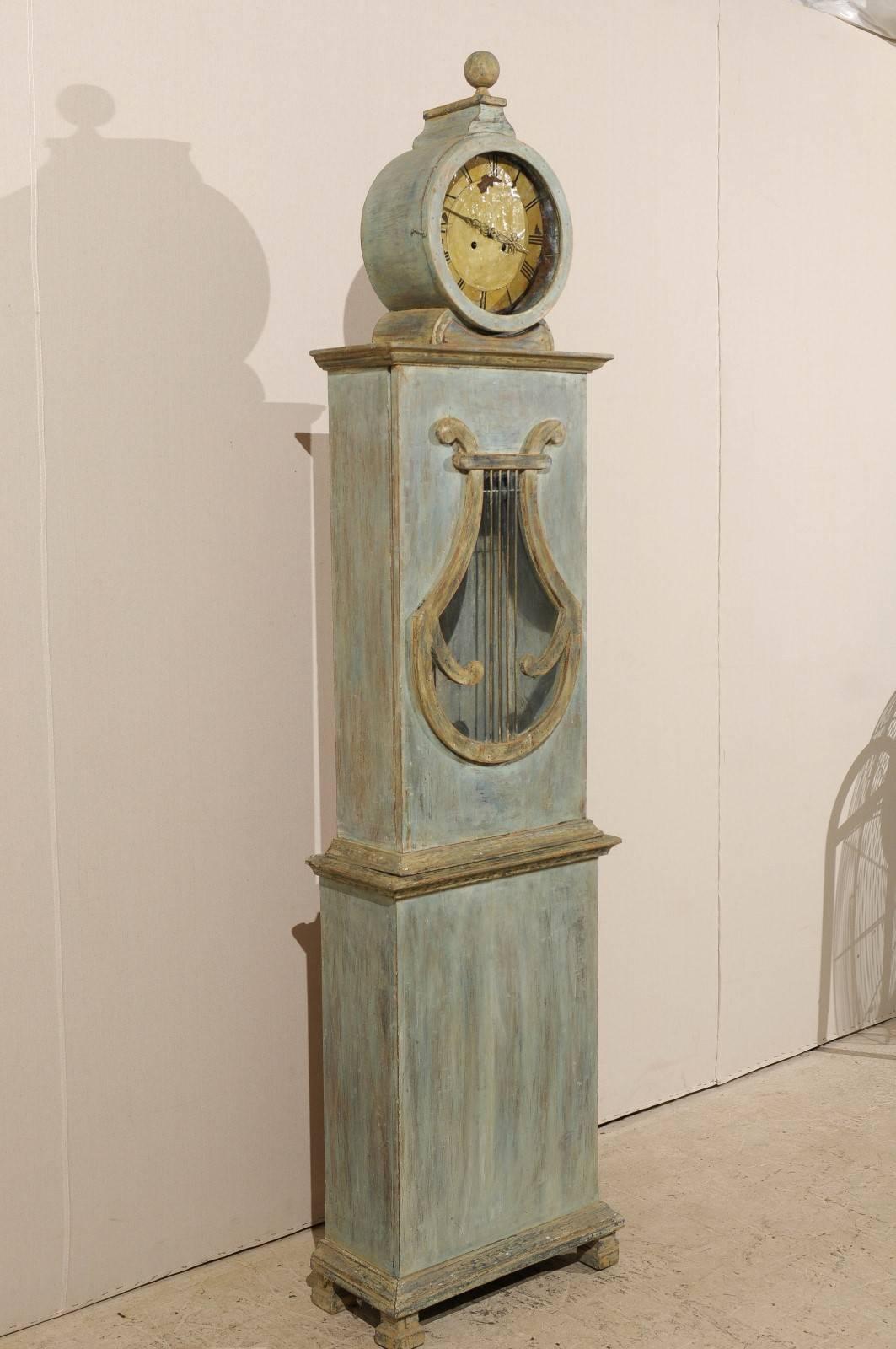 Swedish Clock with Lyre Shaped Motif, Nicely Aged Face and Round Finial In Good Condition In Atlanta, GA