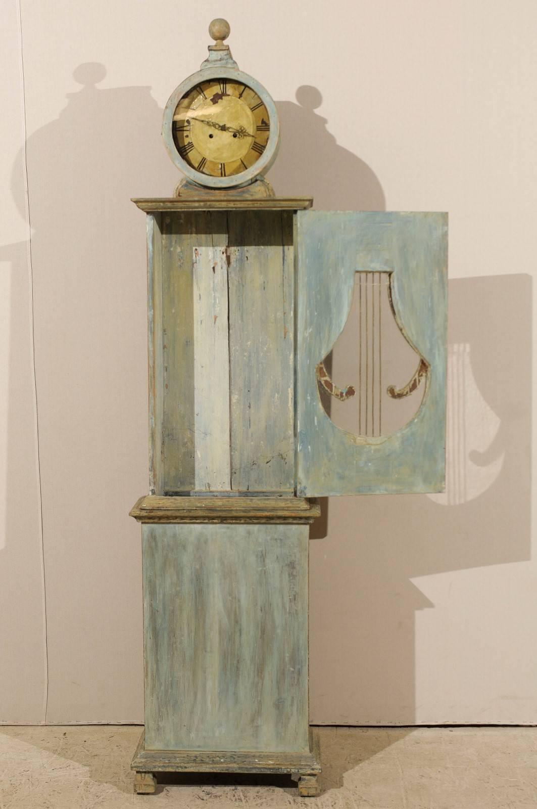 Painted Swedish Clock with Lyre Shaped Motif, Nicely Aged Face and Round Finial
