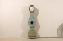 Swedish 19th Century Blue Wooden Clock with Nicely Carved Crest and Feet