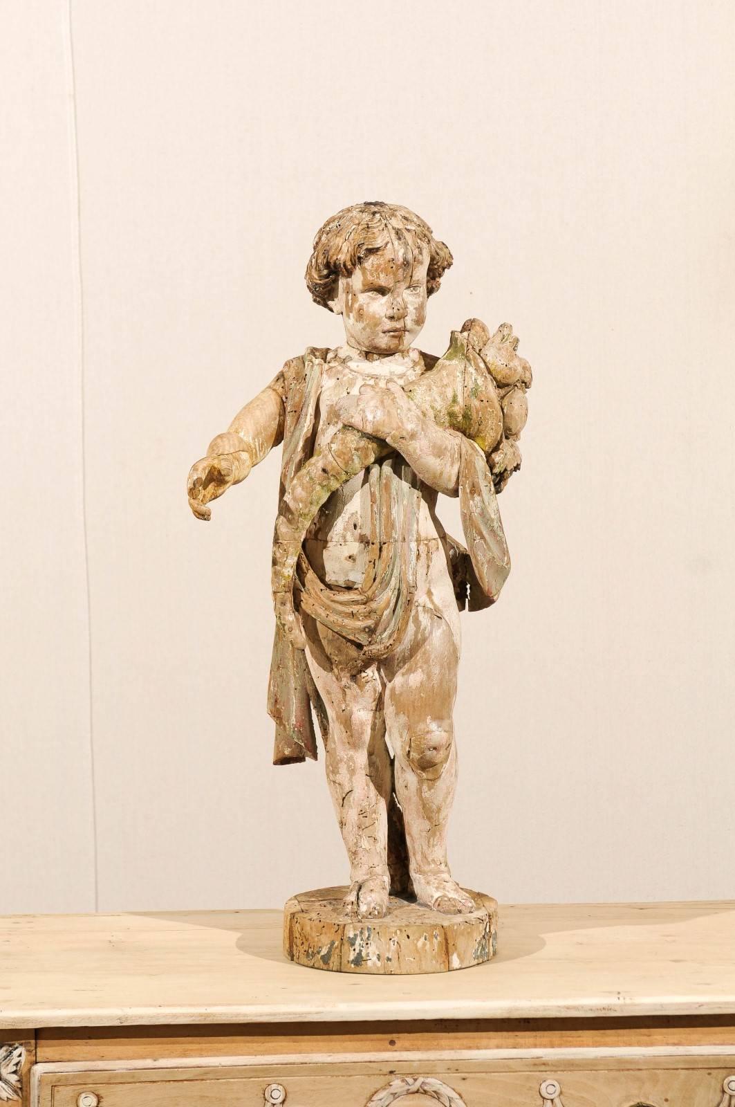 Carved Italian 18th Century Putto/Cherub Statue Holding a Cornucopia