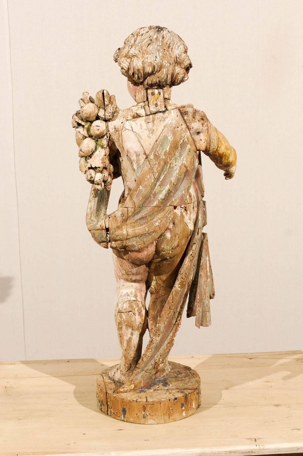 Wood Italian 18th Century Putto/Cherub Statue Holding a Cornucopia