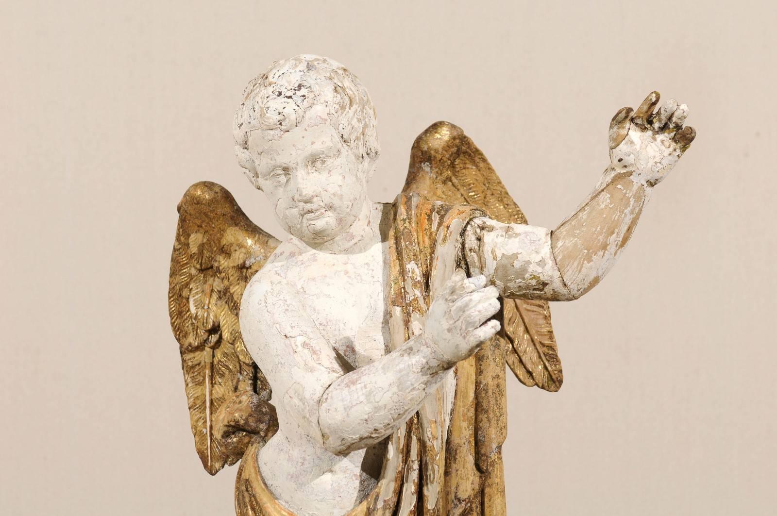 Italian 18th Century Carved Angel with Gilded Wings and Sash Raised on Wood Base 3