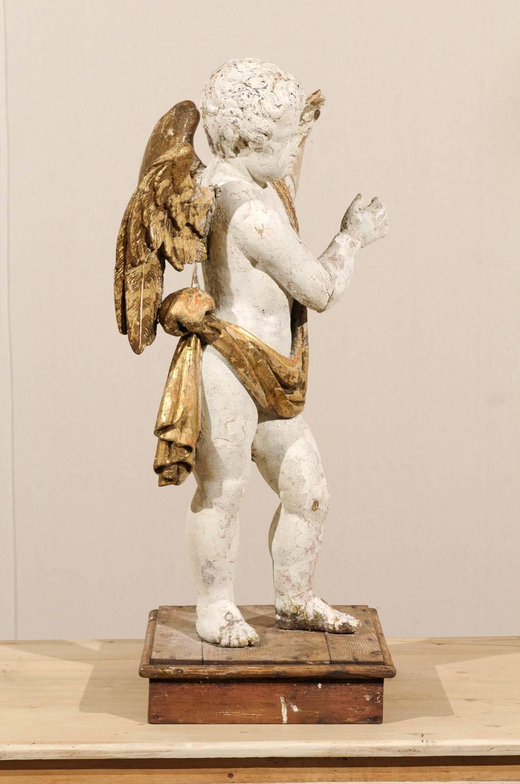 Italian 18th Century Carved Angel with Gilded Wings and Sash Raised on Wood Base 1