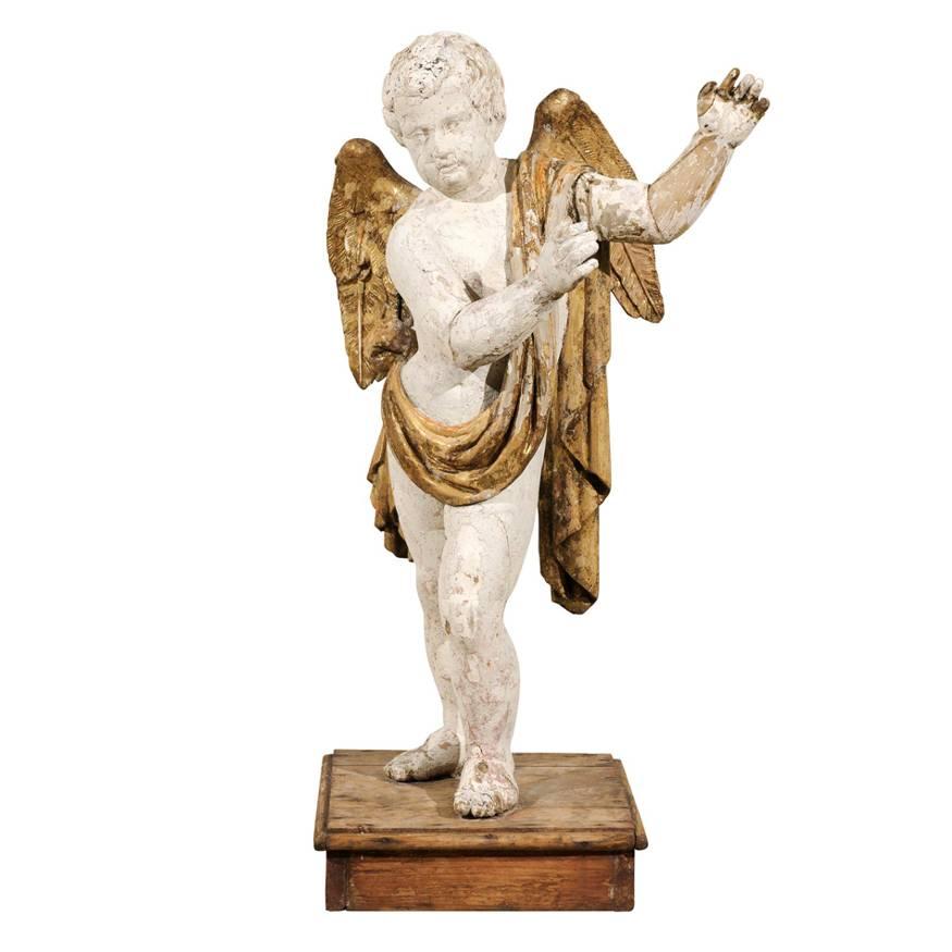 Italian 18th Century Carved Angel with Gilded Wings and Sash Raised on Wood Base