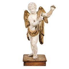 Italian 18th Century Carved Angel with Gilded Wings and Sash Raised on Wood Base