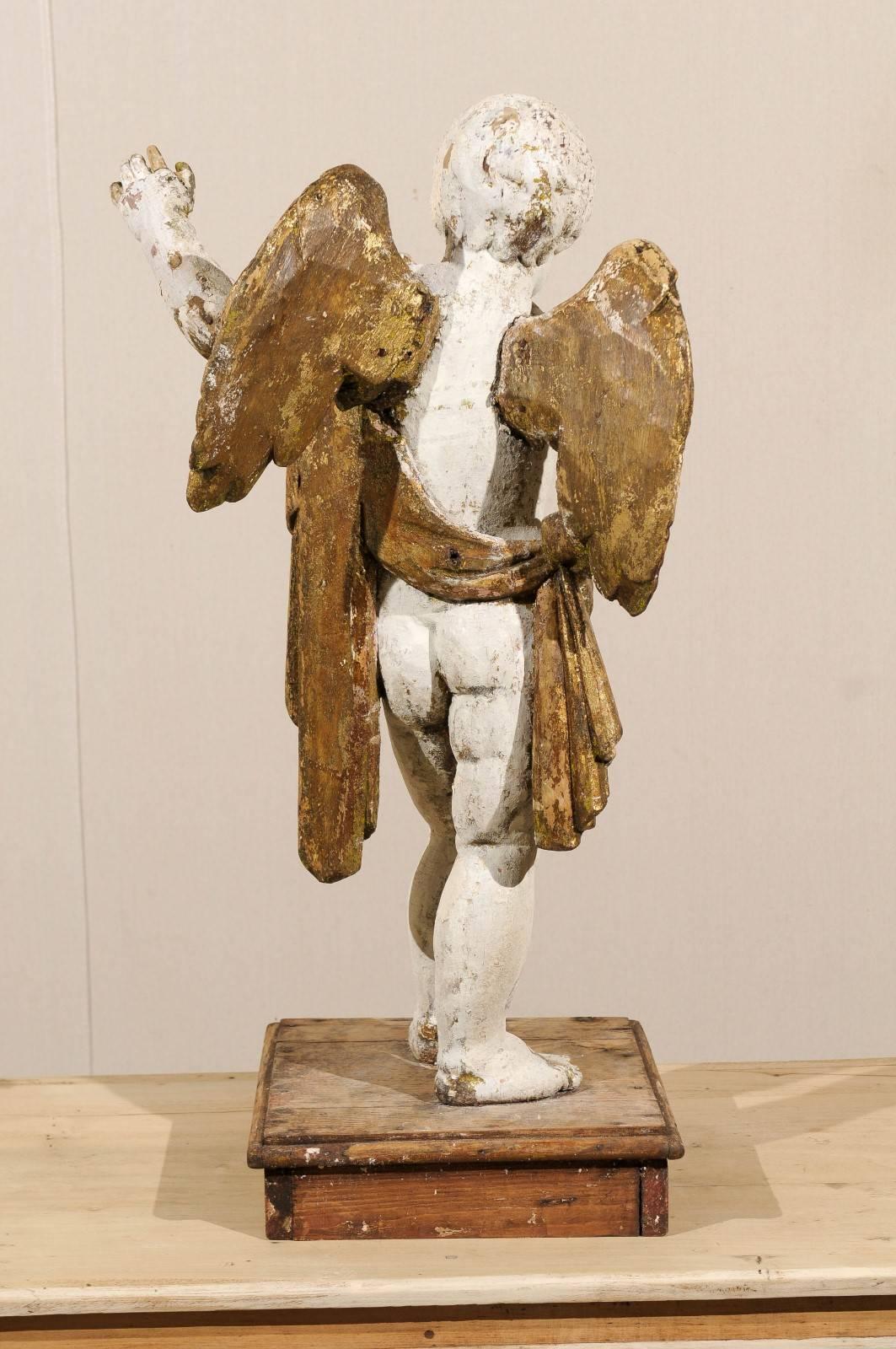Italian 18th Century Carved Angel with Gilded Wings and Sash Raised on Wood Base 2
