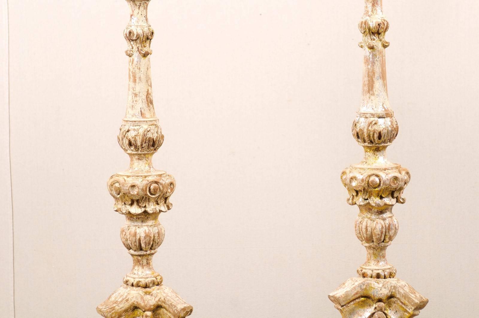 Pair of Table Lamps Made from 19th Century Wood Altar Sticks, Silver Finish 3