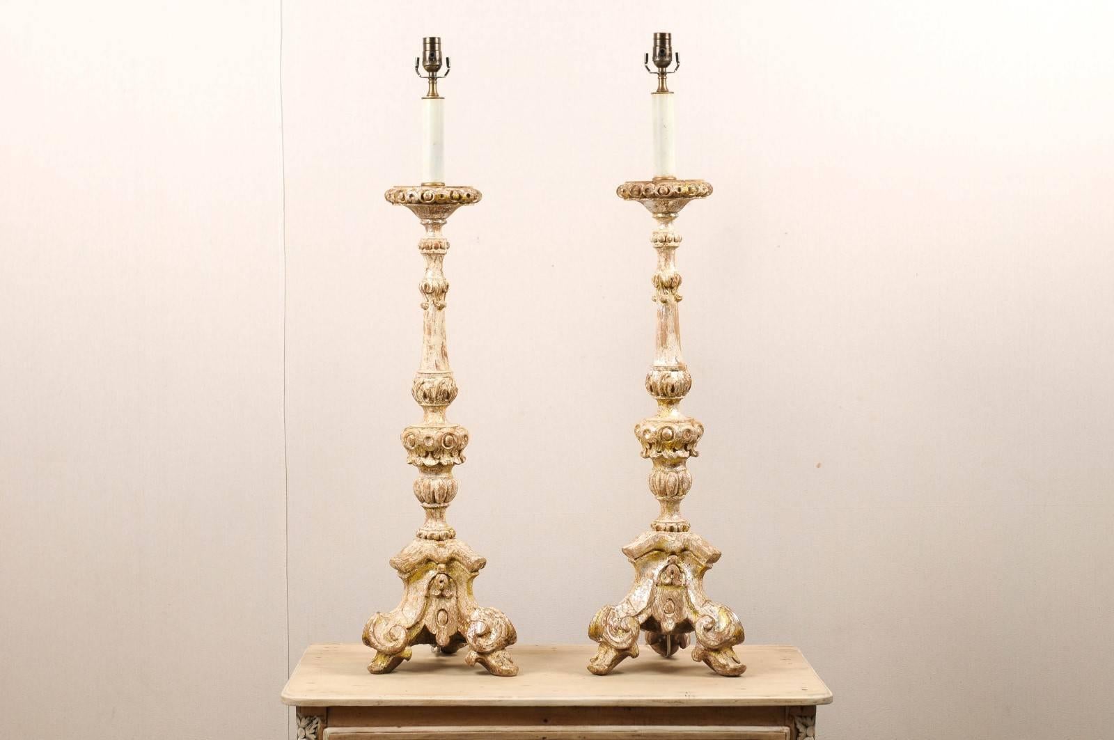 Carved Pair of Table Lamps Made from 19th Century Wood Altar Sticks, Silver Finish