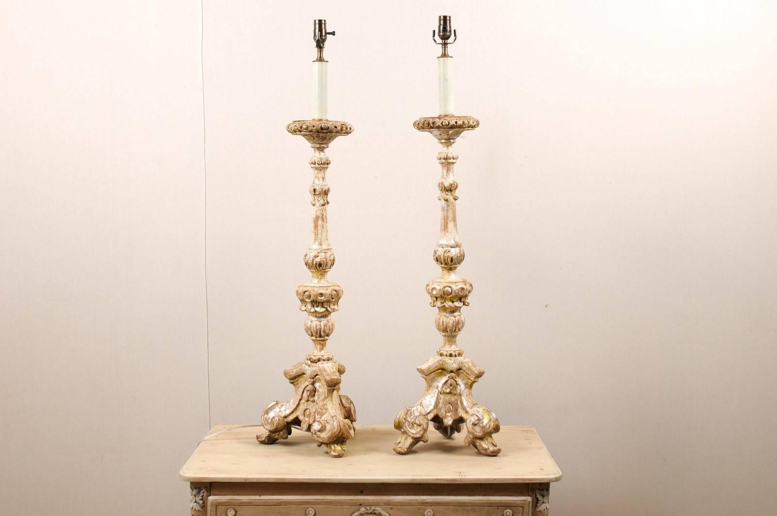 Italian Pair of Table Lamps Made from 19th Century Wood Altar Sticks, Silver Finish