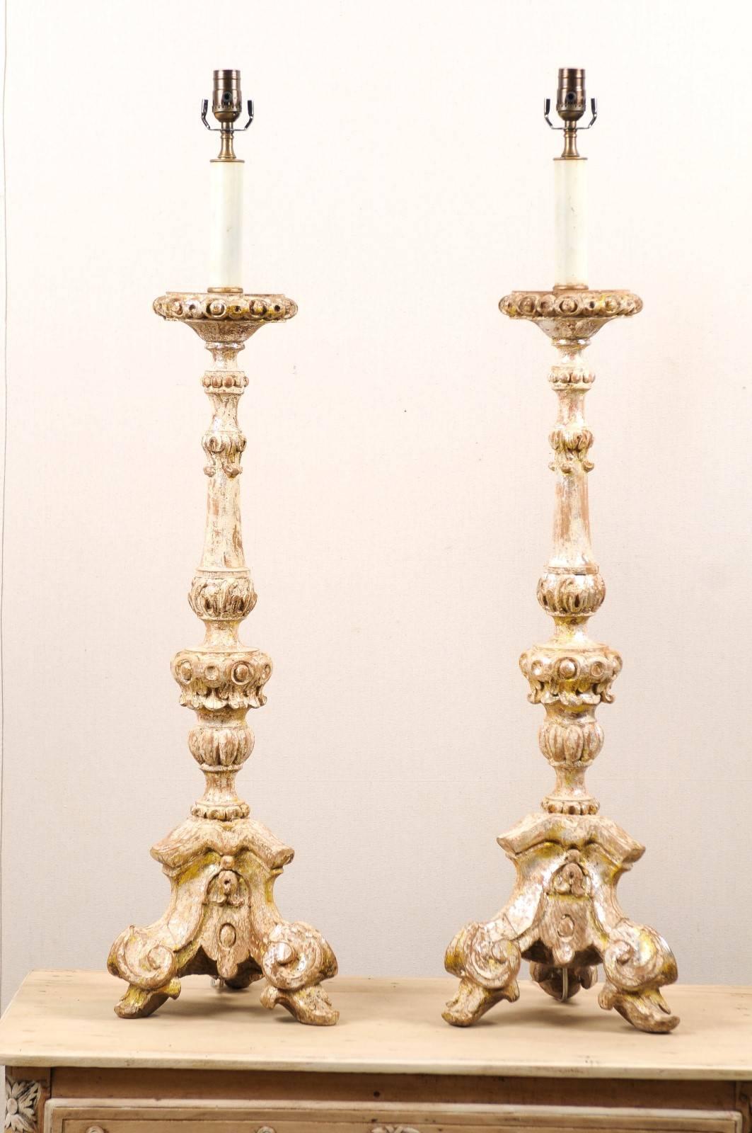 Pair of Table Lamps Made from 19th Century Wood Altar Sticks, Silver Finish In Good Condition In Atlanta, GA