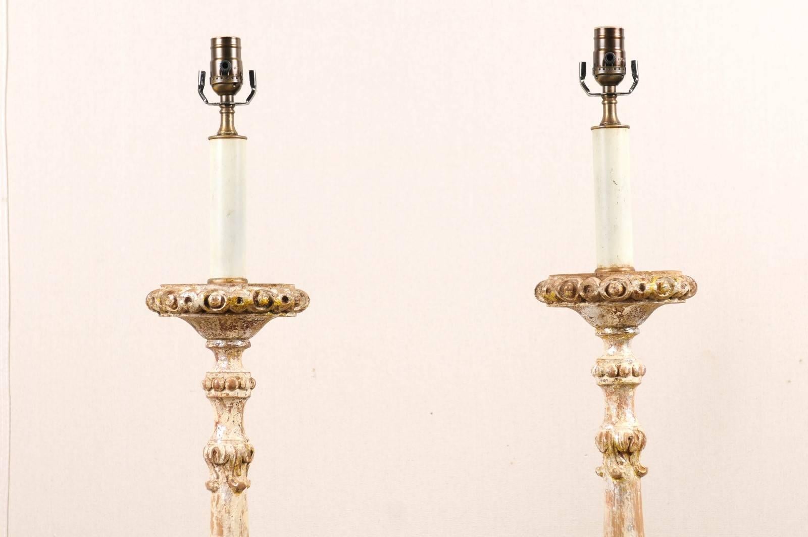 Pair of Table Lamps Made from 19th Century Wood Altar Sticks, Silver Finish 2
