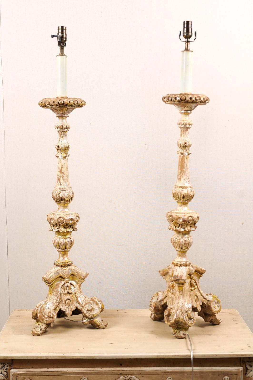 Pair of Table Lamps Made from 19th Century Wood Altar Sticks, Silver Finish 1