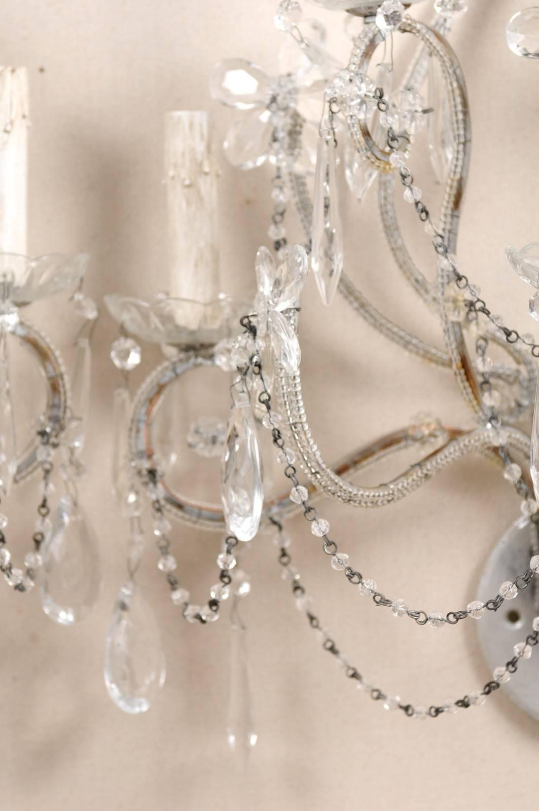 Pair of Crystal Five-Light Sconces from the Mid-20th Century with Flower Motifs 2